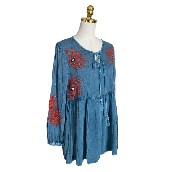 Nostalgia Womens Floral Embroidered Western Cowgirl Boho Blue Relaxed Tunic Sz M - Picture 4 of 8